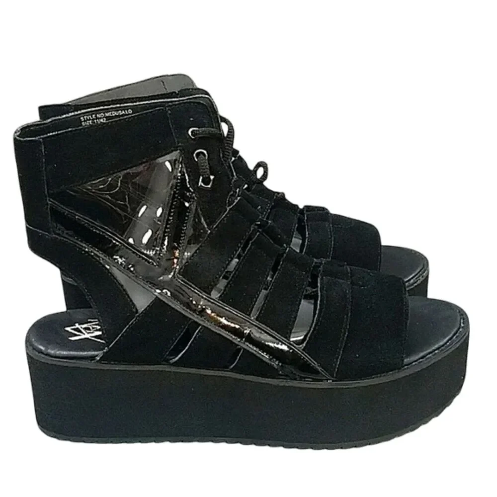 Y.R.U Medusa lo black suede Lace-Up Platform Sandal - Grunge Goth  Women's 11